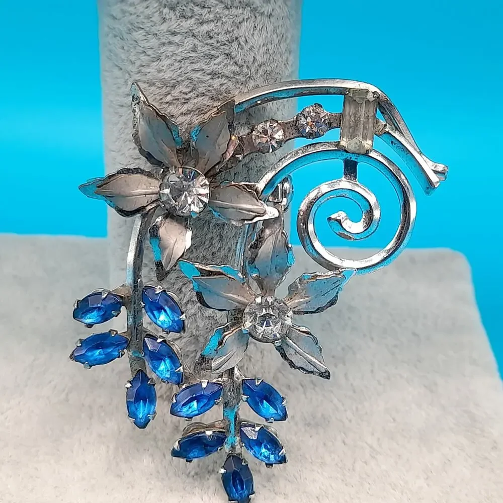 Vintage Floral Rhinestone Brooch, Mid-century, Blue Clear Silver, 1950s